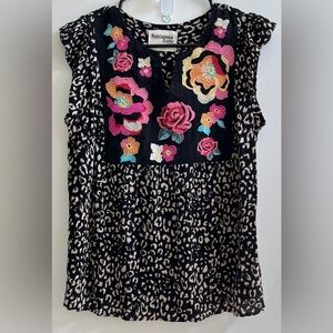 Savanna Jane Floral Embroidered Leopard Blouse Top Short Sleeveless Size:M Boho